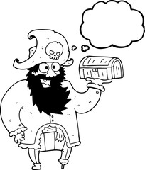 thought bubble cartoon pirate captain with treasure chest