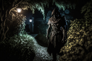 Medieval Fantasy | A deadly assassin stalking through a moonlit garden, ready to strike at any moment. Ai .