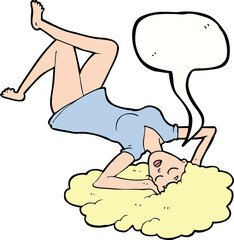 cartoon woman lying on floor with speech bubble