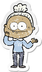 distressed sticker of a cartoon happy old woman