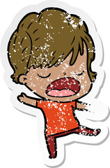 distressed sticker of a cartoon woman talking