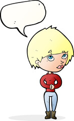 cartoon woman considering with speech bubble
