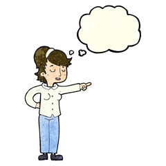cartoon friendly woman pointing with thought bubble