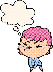 cartoon rude girl and thought bubble in comic book style