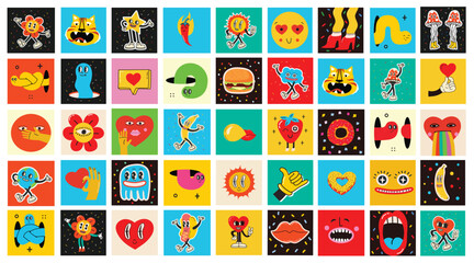 70's groovy square posters, cards or stickers. Retro print with hippie cute colorful funky character concepts of crazy geometric, dripping emoticon. Only good vibes sentence