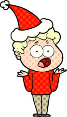 comic book style illustration of a man gasping in surprise wearing santa hat