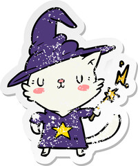 distressed sticker of a cartoon cat wizard