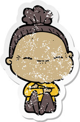 distressed sticker of a cartoon peaceful old woman