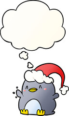 cartoon penguin wearing christmas hat and thought bubble in smooth gradient style