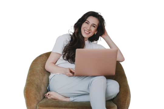 Satisfied brunette Hispanic woman in casual clothes sits in cozy chair with laptop happy after video call. Attractive female remote works, glad to be professional. Business. transparent background