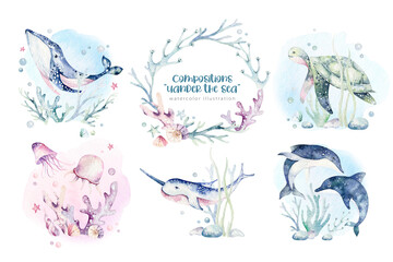 Set of sea animals. Blue watercolor ocean fish, turtle, whale and coral. Shell aquarium background. Nautical wildlife dolphin marine illustration, jellyfish, starfish - 580643872