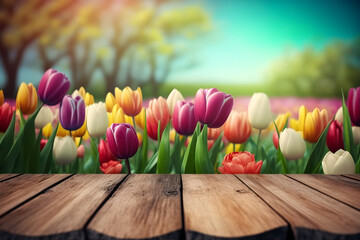 Wooden table to display product with blur tulip garden background, product display stand, nature background concept. Generative AI