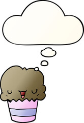 cartoon cupcake with face and thought bubble in smooth gradient style