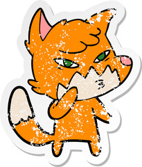 distressed sticker of a clever cartoon fox