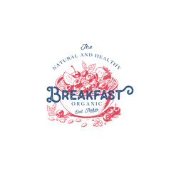 Delicious Oat flakes with raw strawberry Vintage label or logo. Packaging design for broshure, poster, badge, label, logo.