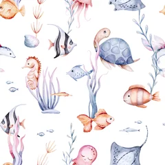 Poster In de zee seamless pattern of sea cartoon animals. Blue watercolor ocean fish, turtle, whale and coral. Shell aquarium dolphin, crab octopus Nautical marine illustration, jellyfish, starfish