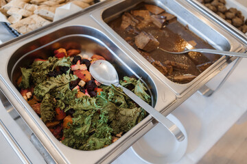 Boiled vegetables and meat on the table. Healthy food on the table. Healthy food concept. Soft focus.