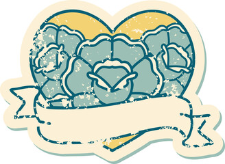 distressed sticker tattoo style icon of a heart and banner with flowers