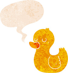 cartoon duck and speech bubble in retro textured style