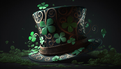 Saint Patrick's Day card with clover leaf and green hat illustration. Ai generated