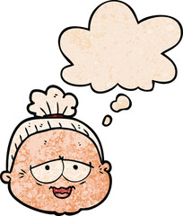 cartoon old lady and thought bubble in grunge texture pattern style