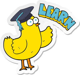 sticker of a cartoon bird with learn text
