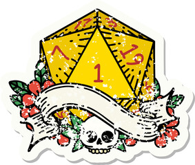 natural one d20 dice roll grunge sticker