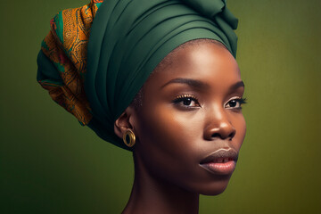 Beautiful young woman wearing traditional African head wrap on green background. Generated AI