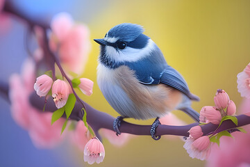 Blue titmouse bird on cherry blossom branch in sunny day. The illustration may differ from the real bird. Generative AI - 580645415