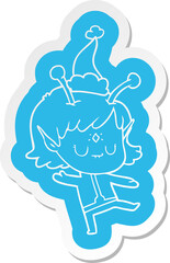 cartoon  sticker of a alien girl wearing santa hat