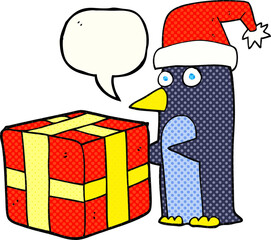 comic book speech bubble cartoon christmas penguin with present