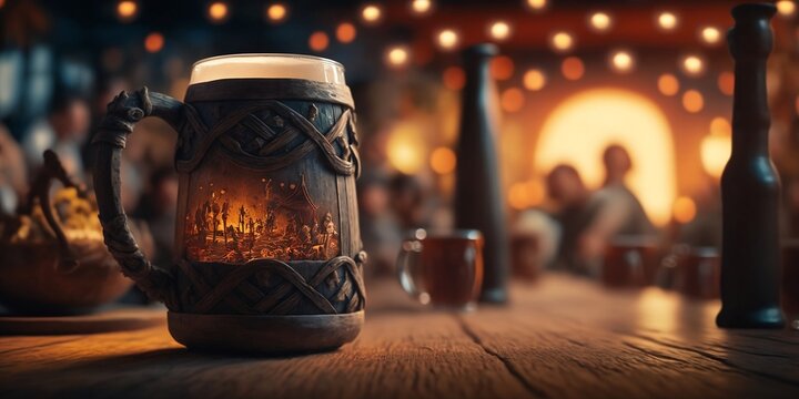 Mug of beer with a blurried background. Tavern scene style. Tavern mood, Generative AI, Ia generativa