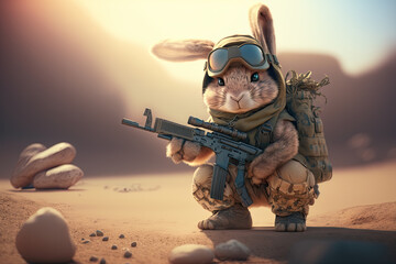 A Cute little bunny with military gear. Generative AI.