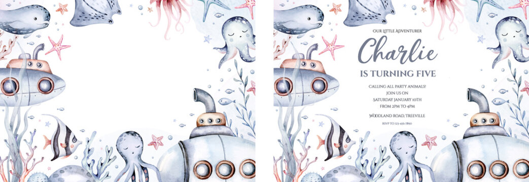 Underwater baby shower templates with ocean creatures, sea turtle, fish, octopus mermaid and submarine Watercolor coral aquarium background