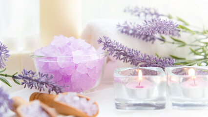 Obraz na płótnie Canvas Spa beauty massage health wellness background.  Spa Thai therapy treatment aromatherapy for body woman with lavender flower nature candle for relax and summer time.Â  Lifestyle Health Concept