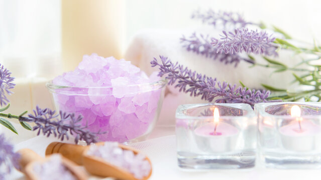 Spa beauty massage health wellness background.  Spa Thai therapy treatment aromatherapy for body woman with lavender flower nature candle for relax and summer time.Â  Lifestyle Health Concept