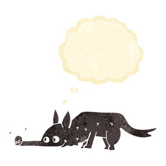 cartoon dog sniffing floor with thought bubble