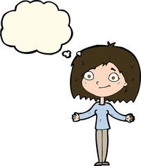 cartoon woman shrugging shoulders with thought bubble