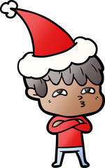 gradient cartoon of a curious man wearing santa hat