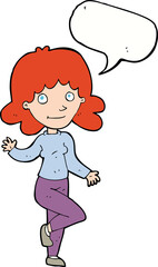 cartoon friendly woman waving with speech bubble
