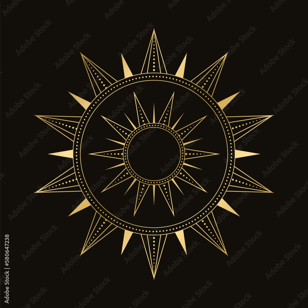 Wall mural gold celestial sun vector illustration. bohemian mystic symbol. magic talisman, tribal style, boho, 