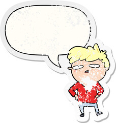 cartoon impatient man and speech bubble distressed sticker