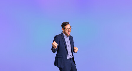 Mid adult elegant business manager screaming cheerfully and pumping fists while celebrating success...