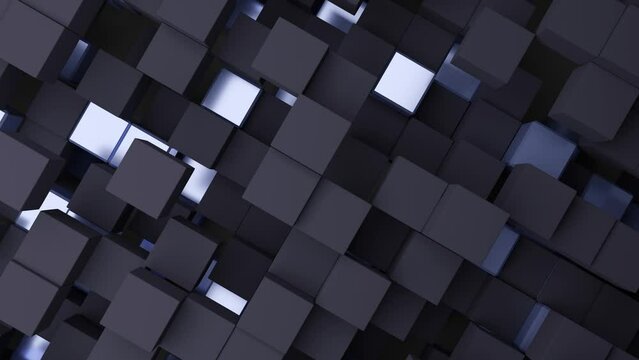 Dolly zoom of 3d rendering abstract background of randomly positioned black cubes. Top view