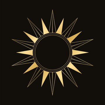 Gold celestial sun vector illustration. Bohemian mystic symbol. Magic talisman, tribal style, boho, tattoo, art print, tarot
