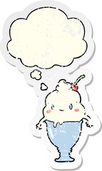 cute cartoon ice cream and thought bubble as a distressed worn sticker