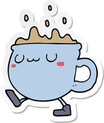 sticker of a cartoon coffee cup walking