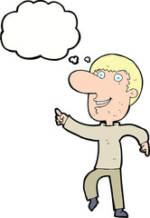 cartoon happy man dancing with thought bubble