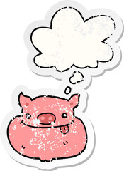 cartoon happy pig face and thought bubble as a distressed worn sticker
