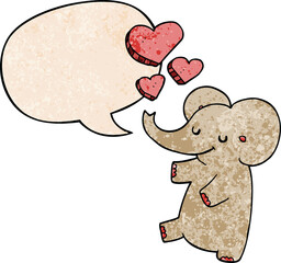 cartoon elephant and love hearts and speech bubble in retro texture style